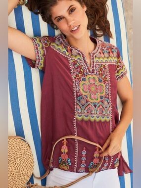 Johnny Was Workshop burgundy red 'Tamia' drape tunic top size Small NWT